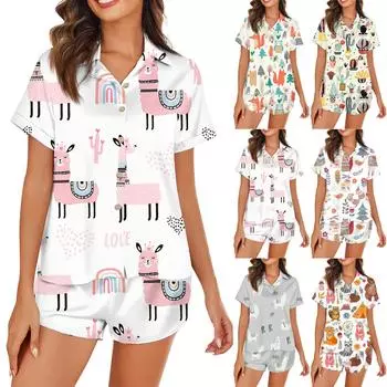 Женская шелковая пижама с пуговицами, домашняя одежда, принт со звездами, короткий рукав, атласный пижамный комплект из 2 предметов L чёрный