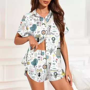 Женская шелковая пижама с пуговицами, домашняя одежда, принт со звездами, короткий рукав, атласный пижамный комплект из 2 предметов M чёрный