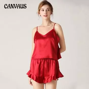 Женская шелковая пижама с v-образным вырезом, шорты на бретельках, комплект пижам, сексуальный модный комплект домашней одежды S красный