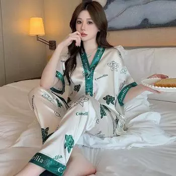 Женская шелковая пижама, топ и штаны на пуговицах, женская одежда для сна, домашняя одежда, комплект из двух предметов, V-образный вырез, принт, роскошная одежда для сна, домашняя одежда XXXL