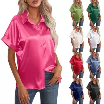 Женская шелковая рубашка на пуговицах с имитацией искусственного шелка, повседневный свободный топ с короткими рукавами L бежевый