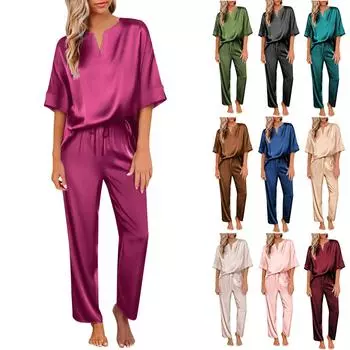 Женская шелковая рубашка с коротким рукавом и V-образным вырезом, длинные брюки, мягкий комплект домашней одежды L