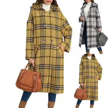 Женская шерстяная двубортная куртка средней длины в клетку с V-образным вырезом и капюшоном L белый