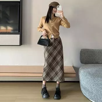 Женская шерстяная клетчатая юбка с высокой талией - узкий А-силуэт средней длины, утолщенная для осени/зимы 2024 г. Medium