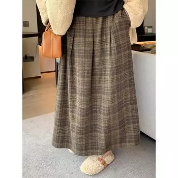 Женская шерстяная клетчатая юбка-трапеция с высокой талией и складками больших размеров - в стиле ретро-колледж, повседневная юбка средней длины XL кофейный