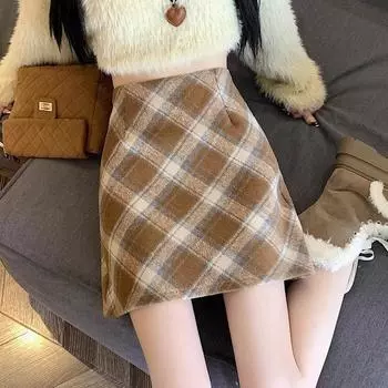 Женская шерстяная клетчатая юбка-трапеция в стиле ретро с высокой талией - коллекция осень/зима, облегающий крой, короткая длина 3XL жёлтый