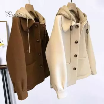 Женская шерстяная куртка, имитация двухкомпонентного лоскутного пальто большого размера, двубортное, с завязками, свободное, теплое, с длинными рукавами, для поездок на работу и учебы, весна, осень, зима M кофейный