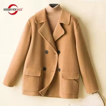 Женская шерстяная куртка из 100% шерсти, СОВРЕМЕННАЯ НОВАЯ SAGA, осеннее шерстяное пальто, зимние теплые шерстяные куртки, двубортные M бежевый
