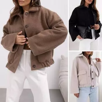 Женская шерстяная куртка с отложным воротником, однобортное пальто, плиссированный подол, термобелье с длинными рукавами S кофейный