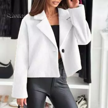 Женская шерстяная куртка с отложным воротником, однотонная, с застежкой на одну пуговицу, пальто свободного покроя, короткое, с длинными рукавами, для поездок на работу, свиданий, весна, осень, зима S чёрный