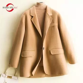 Женская шерстяная куртка, СОВРЕМЕННАЯ НОВАЯ САГА, 100% шерсть, осеннее теплое шерстяное пальто, бушлат, зимнее шерстяное пальто