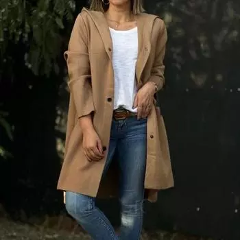 Женская шерстяная куртка Yousheng осень-зима с капюшоном и украшением в виде кольца на спине, однобортная, с длинными рукавами, однотонная, для повседневных поездок на работу, пальто L красный