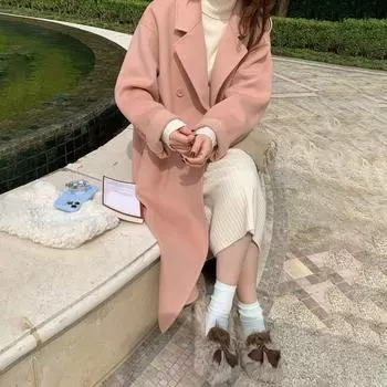 Женская шерстяная куртка Yousheng с лацканами, пальто с длинным рукавом и передними карманами, повседневная верхняя одежда, женское пальто для повседневной носки на осень-зиму S абрикосовый