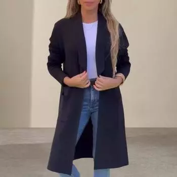 Женская шерстяная куртка Yousheng с отложным воротником, однотонное трикотажное пальто средней длины с длинными рукавами, для поездок на работу, свиданий, весна-осень-зима M чёрный