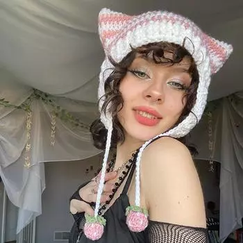 Женская шерстяная шапка с защитой от холода, кошачьи уши, полосатый клубничный ремешок, вязаная защитная шапка для ушей