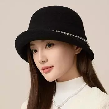 Женская шерстяная шляпа со стразами по краю фетровая шляпа британская шляпа-тазик чёрный