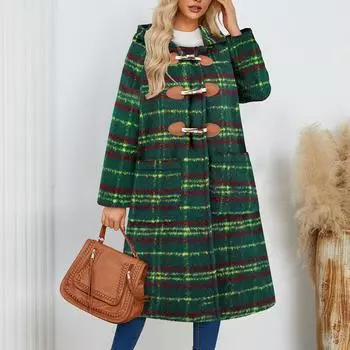 Женская шерстяная свободная куртка в стиле ретро с капюшоном и пуговицами из коровьего рога L зелёный