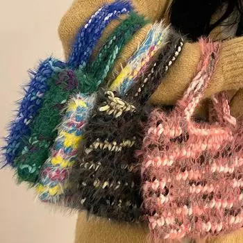 Женская шерстяная тканая сумка, пушистая большая вместительная сумка, сумка для покупок, универсальная осенне-зимняя вязаная сумка