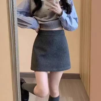 Женская шерстяная юбка А-силуэта с высокой талией - Серый/Черный, коллекция Осень/Зима 2024 S темно-серого