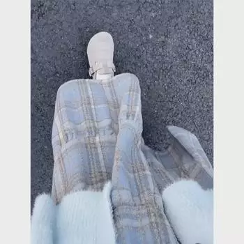 Женская шерстяная юбка А-силуэта с высокой талией в синюю клетку - Коллекция Весна/Осень 2024 Large синий