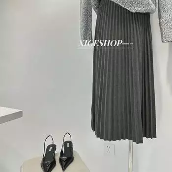 Женская шерстяная юбка А-силуэта средней длины с высокой талией, складками и эластичным поясом на осень/зиму S серый