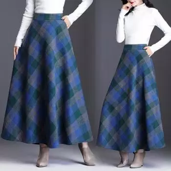 Женская шерстяная юбка с высокой талией и клетчатым принтом, юбка-трапеция, осень-зима, утолщенная, с большим подолом M серый