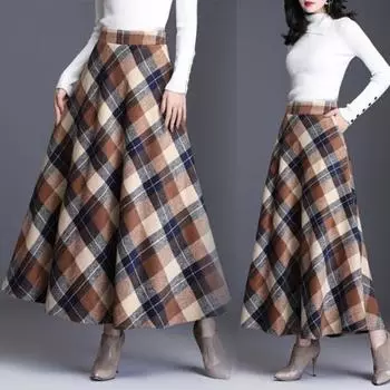 Женская шерстяная юбка с высокой талией и клетчатым принтом, юбка-трапеция, осень-зима, утолщенная юбка с большим подолом, повседневная одежда M зелёный