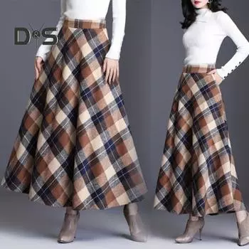 Женская шерстяная юбка с высокой талией и клетчатым принтом, юбка-трапеция, осень-зима, утолщенная юбка с большим подолом, повседневная одежда M красный