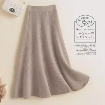«Женская шерстяная юбка средней длины с высокой талией: Кашемировый трикотаж А-силуэта в корейском стиле на осень/зиму One Size