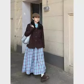 Женская шерстяная юбка средней длины в японскую клетку со складками — студенческий стиль, осенне-зимний стиль, эластичная резинка на талии, прочный дизайн в виде зонтика. S синий