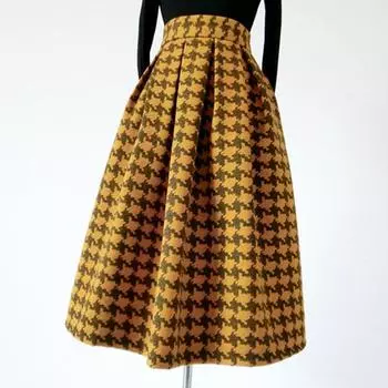 Женская шерстяная юбка в клетку, осенне-зимняя полуюбка, тонкая юбка трапециевидной формы с высокой талией и узором «гусиные лапки» S жёлтый