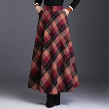 Женская шерстяная юбка Yousheng с высокой талией и клетчатым принтом, юбка-трапеция, осень-зима, утолщенная юбка с большим подолом, повседневная одежда M хаки