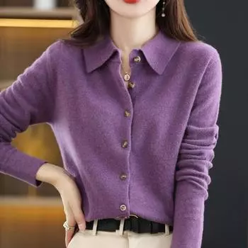 Женская шерстяная вязаная куртка-кардиган, свободный свитер с воротником-поло, однотонная трикотажная рубашка на пуговицах, пуловер, корейская осенне-зимняя футболка XXL чёрный