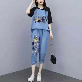 Женская шифоновая блузка больших размеров с капюшоном и короткими рукавами, джинсовый костюм-двойка 4XL синий