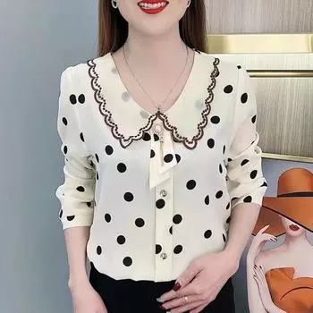Женская шифоновая блузка большого размера, свободная стильная рубашка в горошек с длинными рукавами, повседневные топы 5XL белый