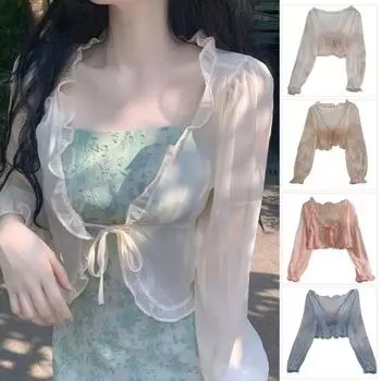 Женская шифоновая блузка-кардиган с защитой от солнца, дышащая рубашка с кондиционером и длинными рукавами на шнуровке с грибковым краем для работы розовый