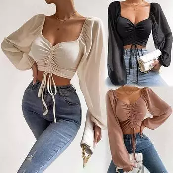 Женская шифоновая блузка, летние облегающие топы с длинными рукавами и завязками L