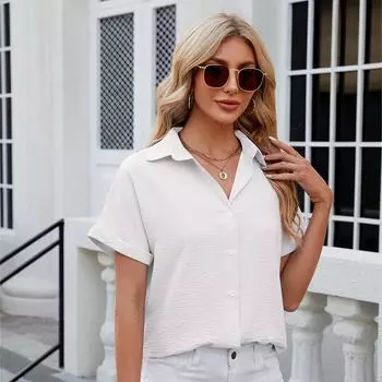 Женская шифоновая блузка, летние повседневные топы с коротким рукавом и отложным воротником M небесно-голубой