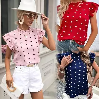 Женская шифоновая блузка, повседневные летние повседневные топы с рюшами и волнистыми краями, с короткими рукавами L