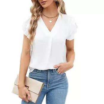 Женская шифоновая блузка, повседневные летние топы с v-образным вырезом и короткими рукавами с оборками и краями S белый
