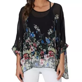 Женская шифоновая блузка с цветочным принтом и рукавами «летучая мышь», пляжная рубашка, свободная туника, рубашки, топы One size