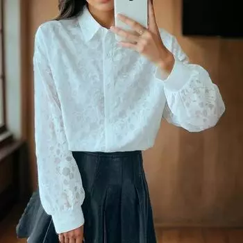 Женская шифоновая блузка с отложным воротником и принтом, осенняя модная белая рубашка с длинным рукавом, 2023, топ во французском стиле, свободная одежда 29988 S белый
