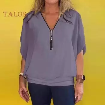 Женская шифоновая блузка с v-образным вырезом на молнии и половиной планки с рукавами «летучая мышь» Пуловеры Топы Однотонные свободные повседневные топы L зелёный