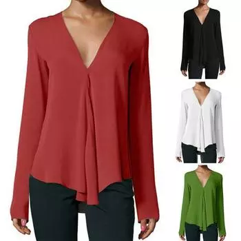 Женская шифоновая блузка с v-образным вырезом и длинными рукавами, деловая рубашка с рюшами L вино красного