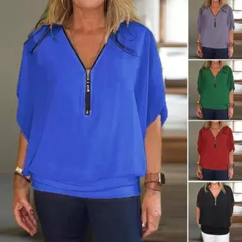 Женская шифоновая блузка с v-образным вырезом на молнии и половиной планки с рукавами «летучая мышь» Пуловеры Топы Однотонные свободные повседневные топы 2XL чёрный