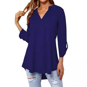 Женская шифоновая блузка с V-образным вырезом, рукав три четверти, повседневная офисная шифоновая блузка, рубашки, топы, свободные однотонные туники, топы XL