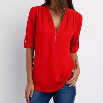 Женская шифоновая блузка, топы, летняя свободная однотонная рубашка с v-образным вырезом и половиной молнии с короткими рукавами-фонариками 5XL белый