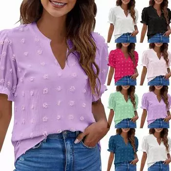 Женская шифоновая футболка с V-образным вырезом, большим шерстяным рукавом, коротким рукавом, с буфами, топом L чёрный