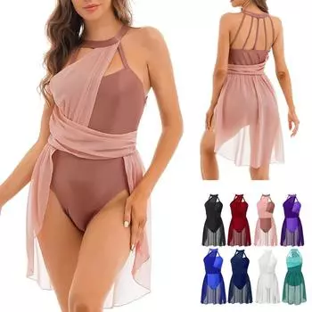 Женская шифоновая лоскутная танцевальная одежда для девочек, лирический танцевальный костюм с разрезом подол, балетное платье для современного танца, трико S зелёный