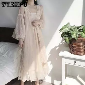 Женская шифоновая накидка большого размера, летний кардиган с длинными рукавами, модная ретро-полая солнцезащитная рубашка, тонкая куртка средней длины, кружевные топы XXXXL бежевый